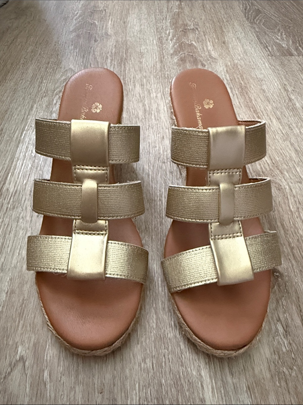 Tommy Bahama Gold Triple-Strap Slide Wedge Sandals